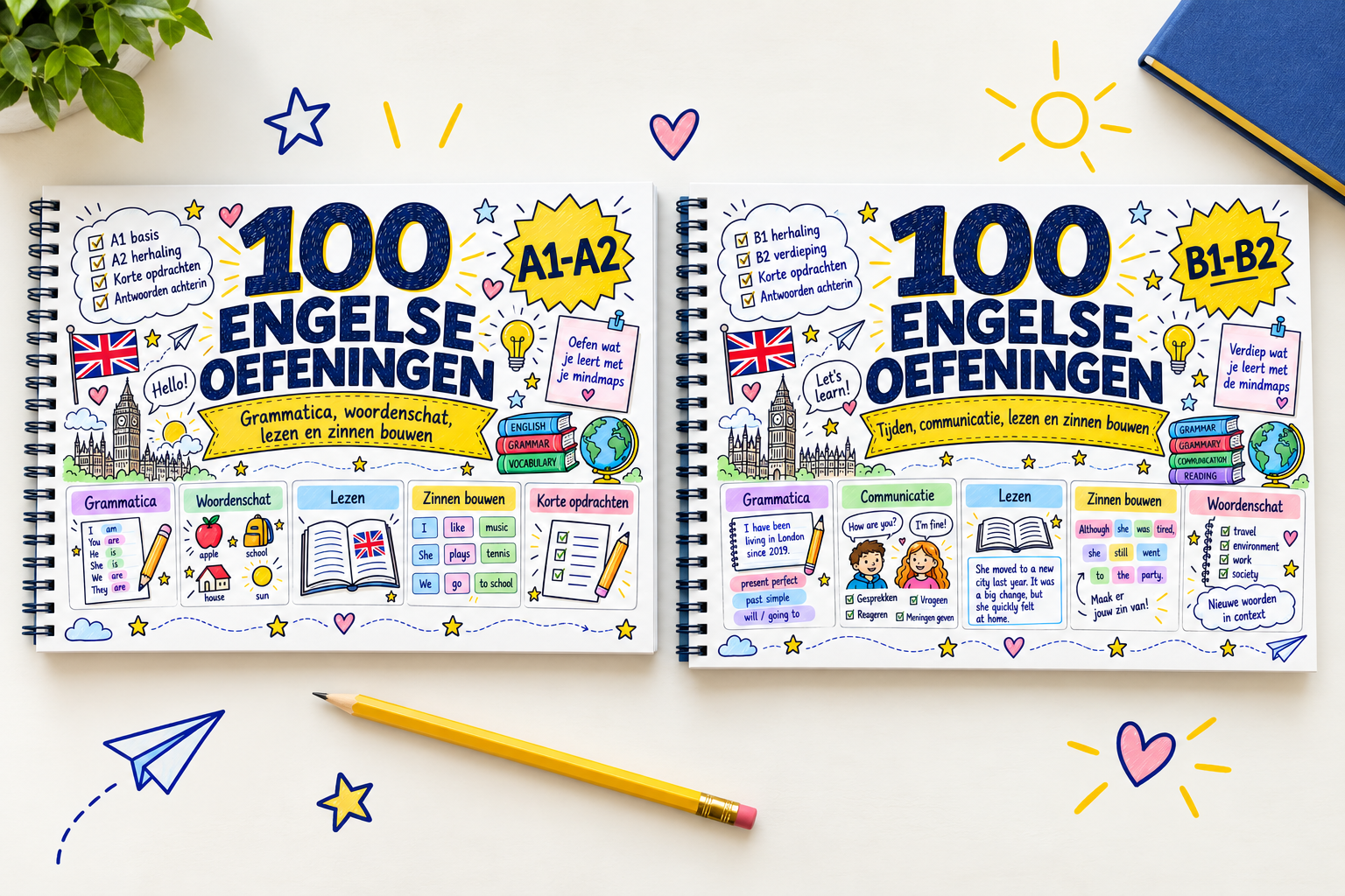 Twee geïllustreerde Engelse oefenboeken